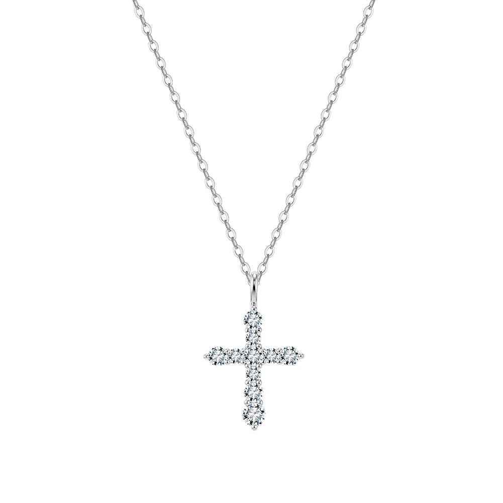 Silver-tone cross necklace with round moissanite stones on a white background