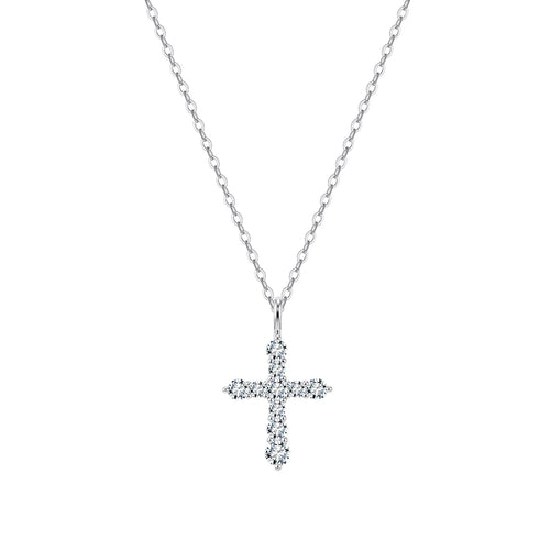 Silver-tone cross necklace with round moissanite stones on a white background