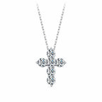 Six-stone 925 sterling silver cross necklace with round moissanite stones on a white background
