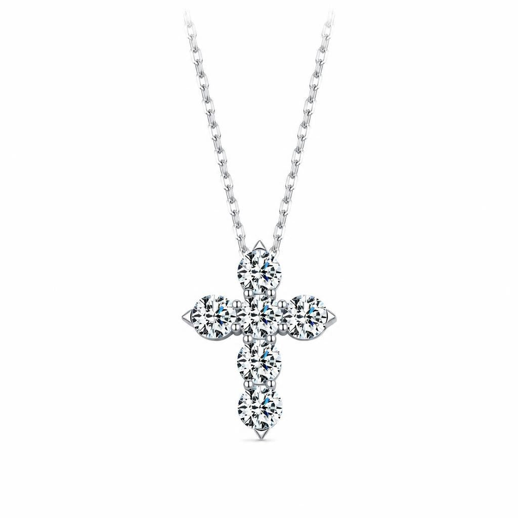 Six-stone 925 sterling silver cross necklace with round moissanite stones on a white background