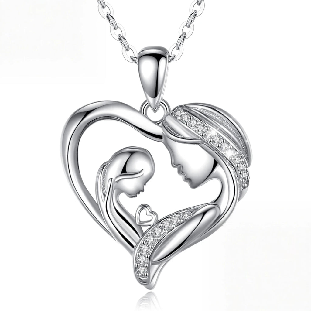 Mother daughter heart necklace in 925 sterling silver with two profiles and clear stone rows
