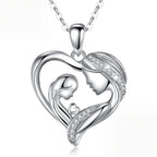 Mother daughter heart necklace in 925 sterling silver with two profiles and clear stone rows