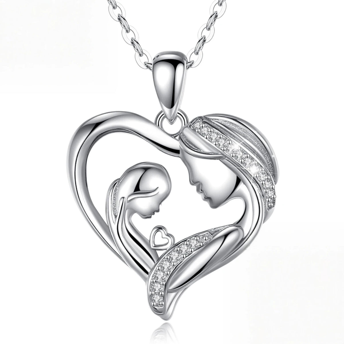 Mother daughter heart necklace in 925 sterling silver with two profiles and clear stone rows