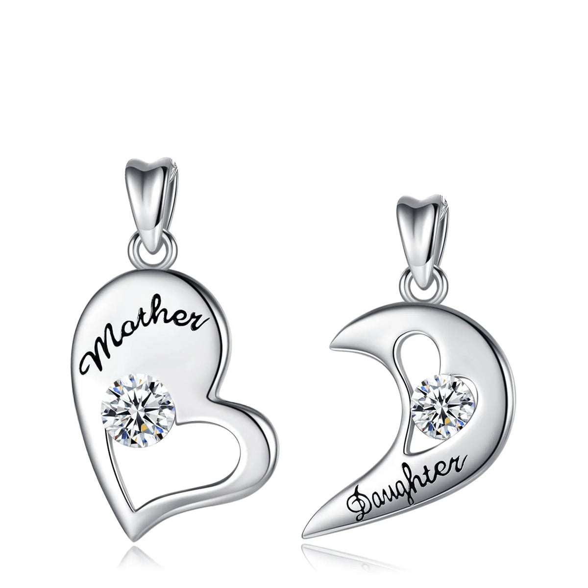 Silver-tone open heart and crescent pendant pair with black script and clear crystal stones