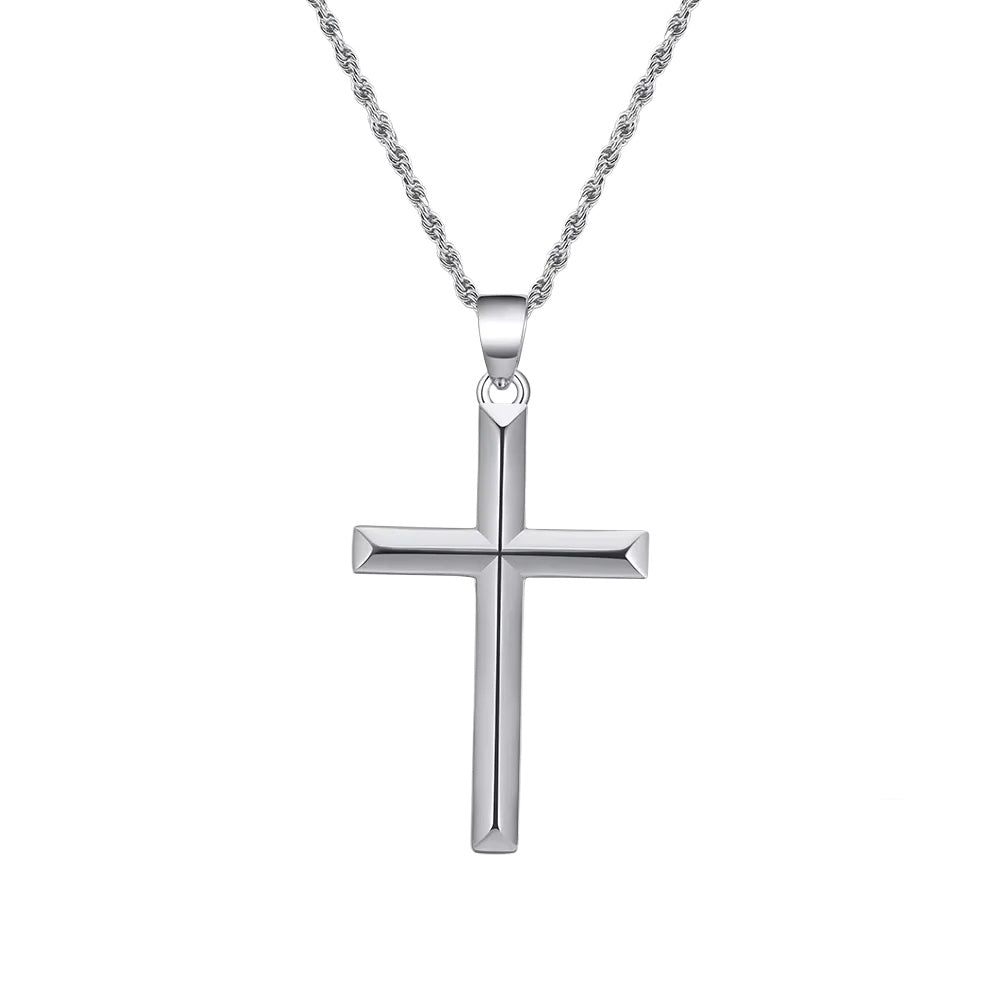 Silver-tone cross necklace with twisted rope chain on a white background