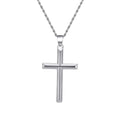 Silver-tone cross necklace with twisted rope chain on a white background