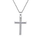 Silver-tone cross necklace with twisted rope chain on a white background