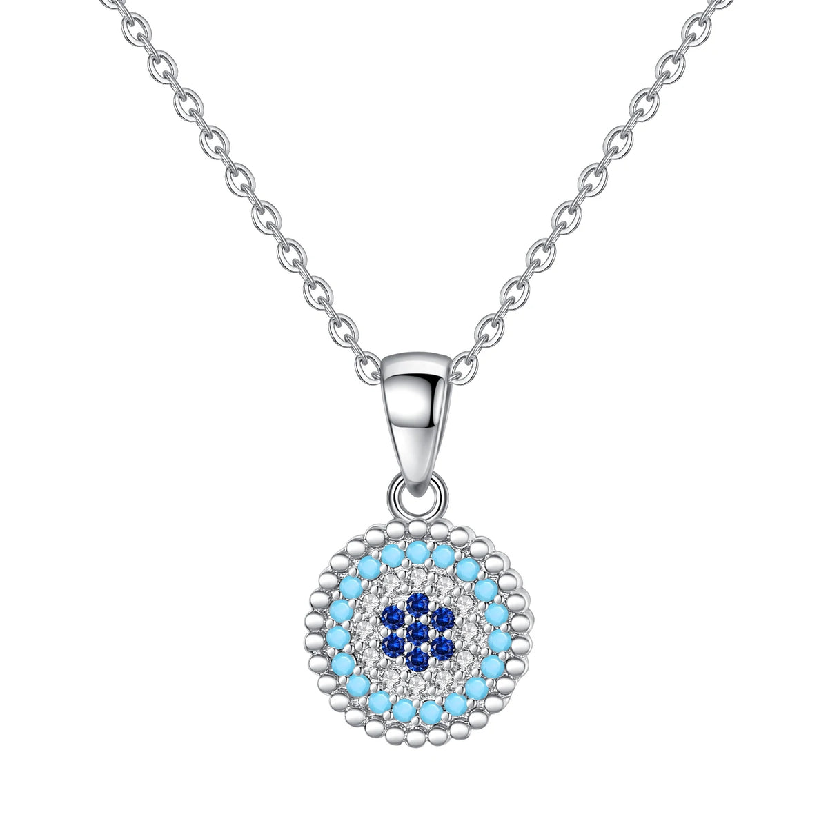 Silver-tone round evil eye necklace with pale-blue stones, clear CZ stones and a dark-blue center