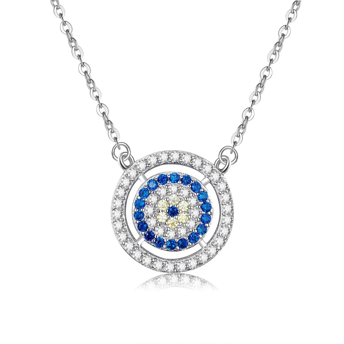 Silver-tone round evil eye pendant with a clear stone halo, blue inner ring and two side chain loops