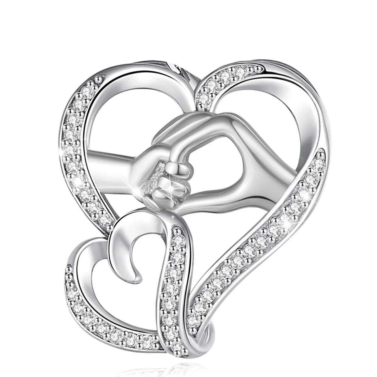 Silver-tone hand in hand heart pendant with clear CZ-set outlines on a white background