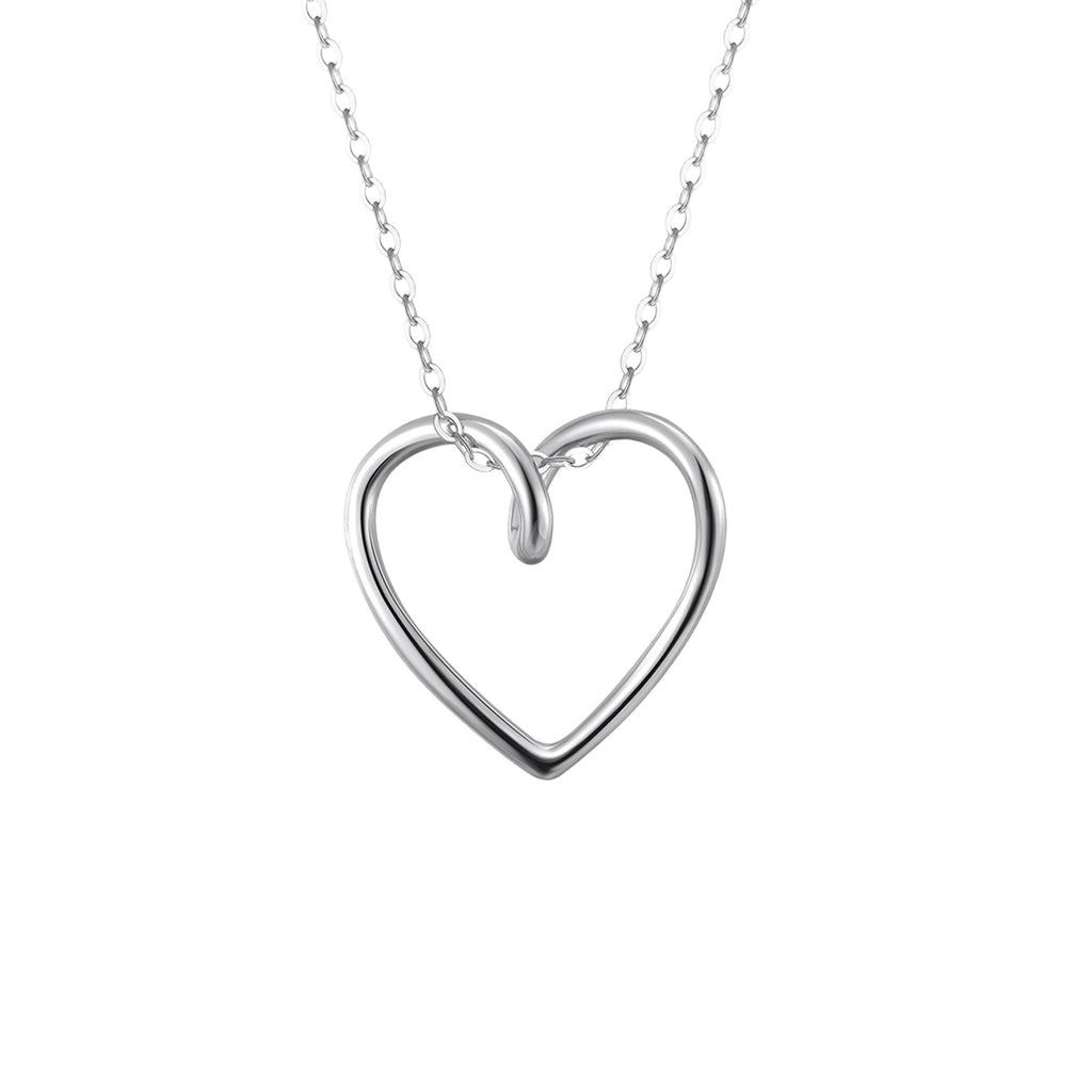 Silver-tone twisted open heart necklace with oval-link chain on a pure white background