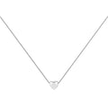 Small silver heart necklace with polished raised outline and fine box-link chain on a white background