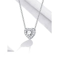 Platinum-plated sterling silver heart necklace with clear CZ stones on a white background