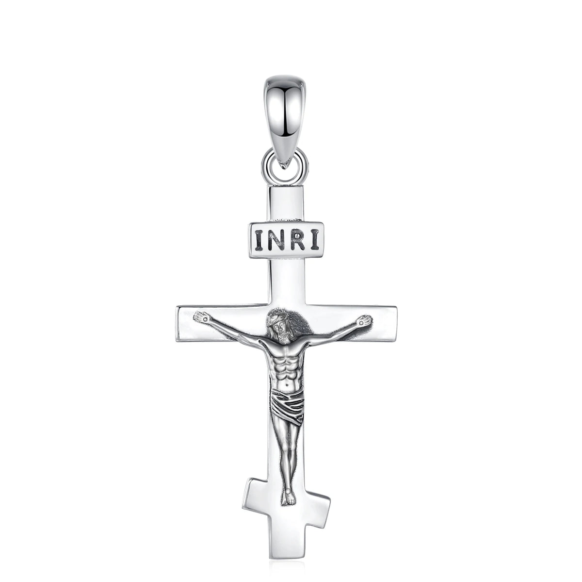 Close-up of the 925 sterling silver crucifix pendant with sculpted Jesus figure and polished INRI plaque