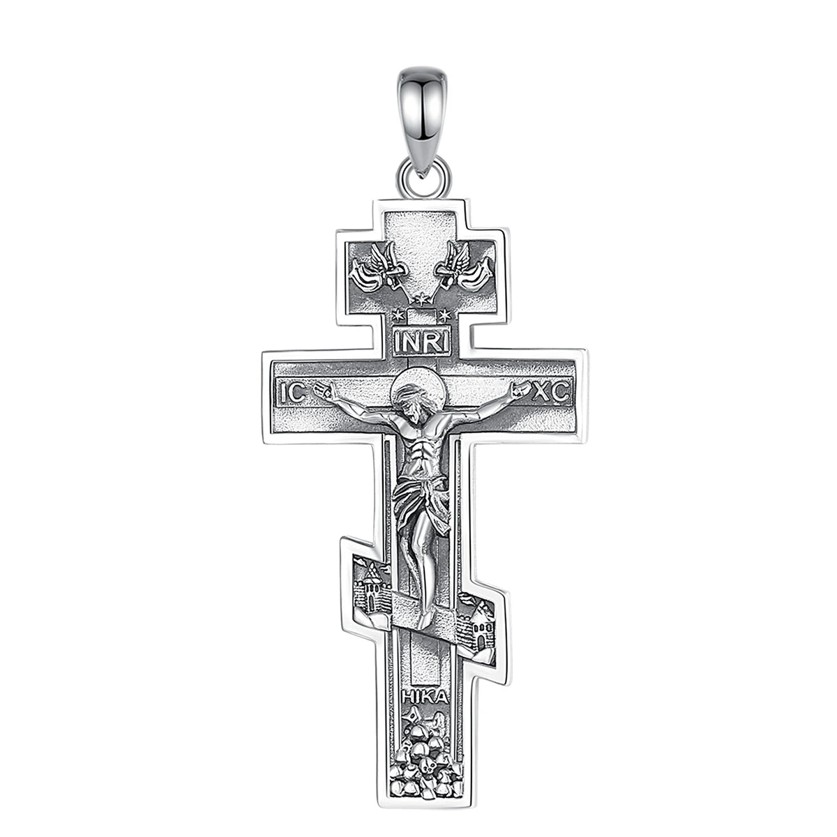925 sterling silver crucifix pendant close-up with angels, INRI plaque and slanted lower crossbar