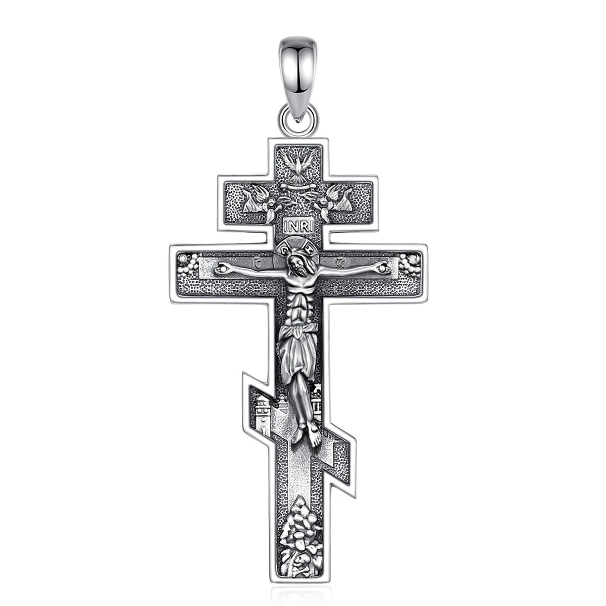 Standalone 925 sterling silver crucifix pendant with a polished bail and textured cross recesses