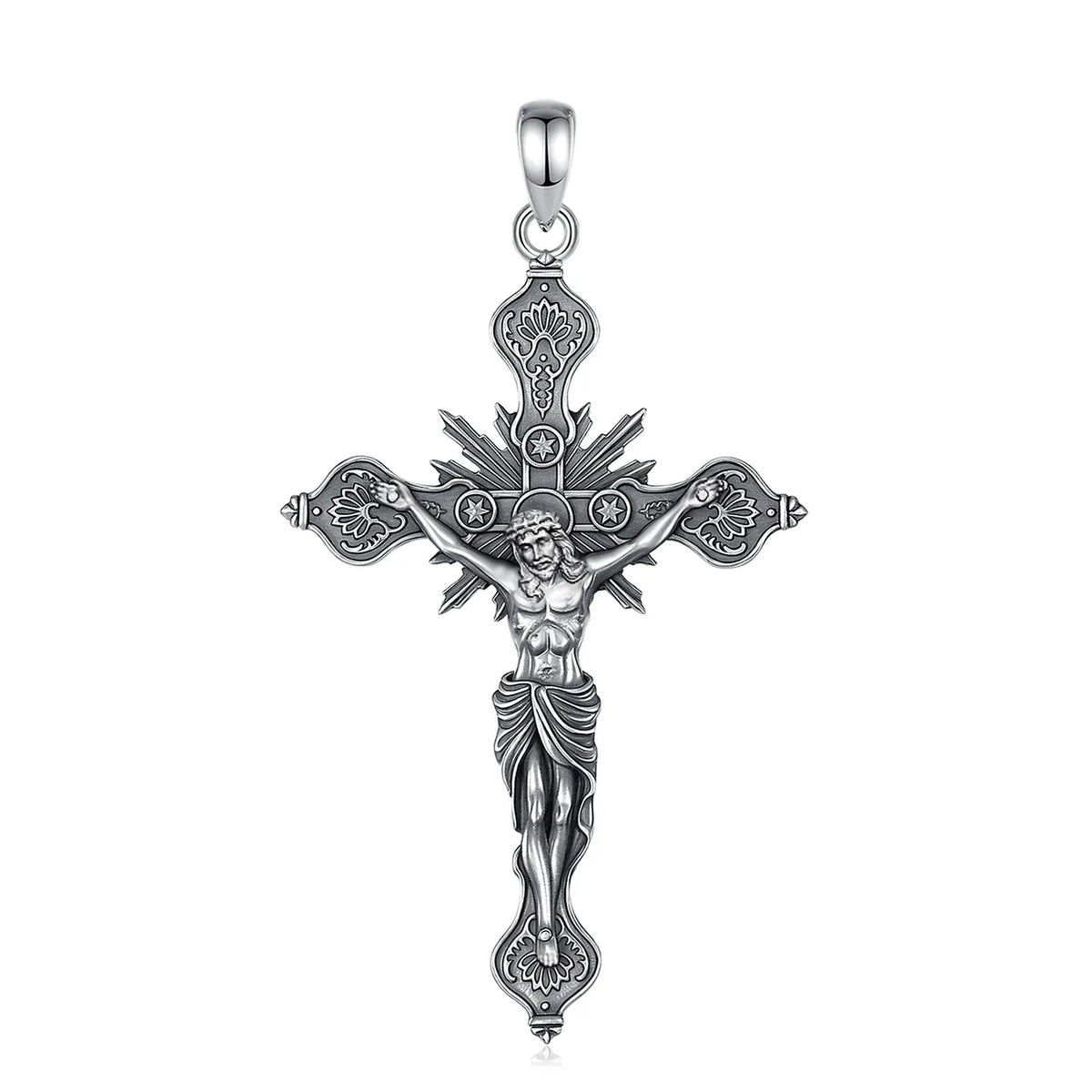 Gothic 925 sterling silver crucifix pendant alone on white, with raised Jesus figure and floral tips