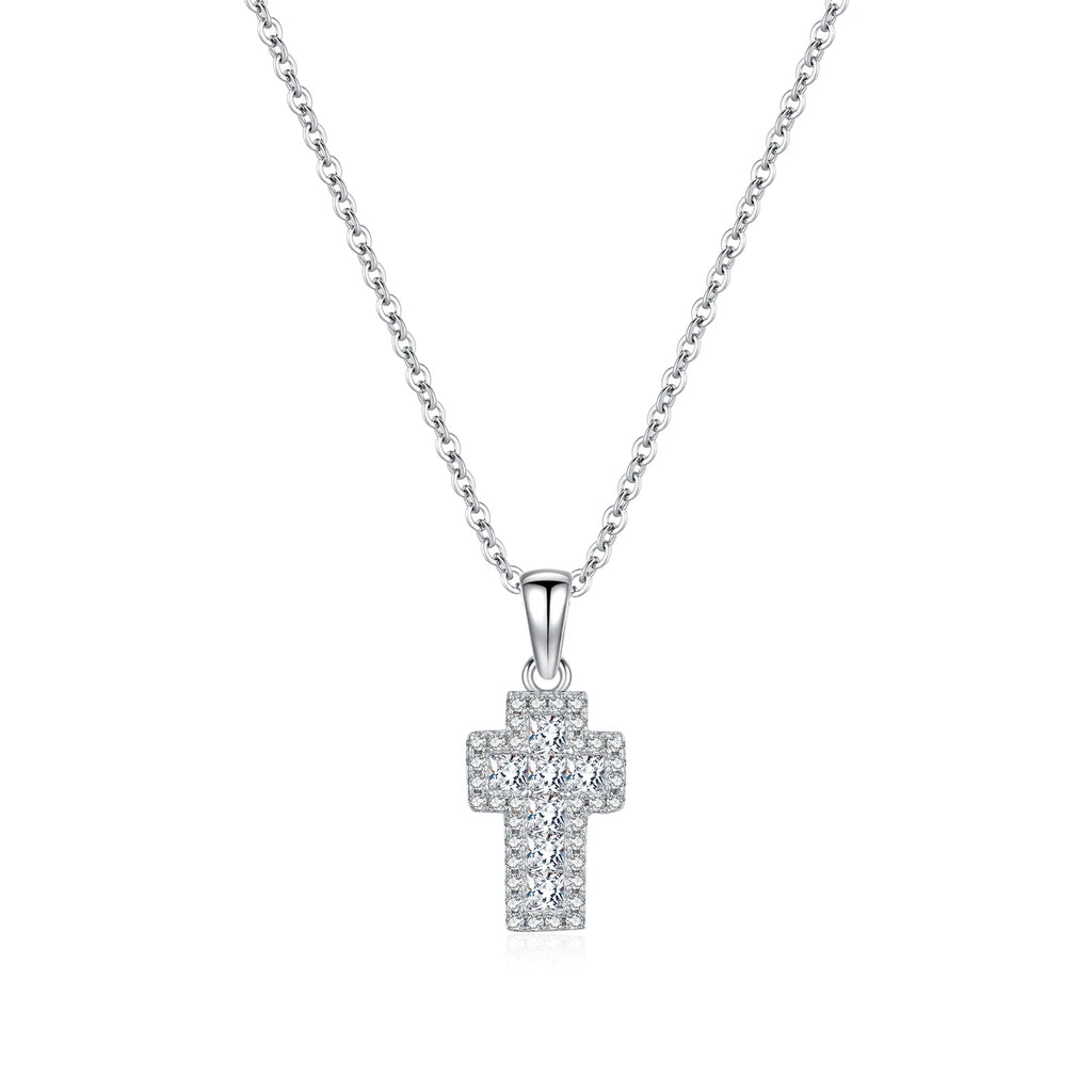 925 sterling silver CZ cross necklace on a white background with a polished tapered bail