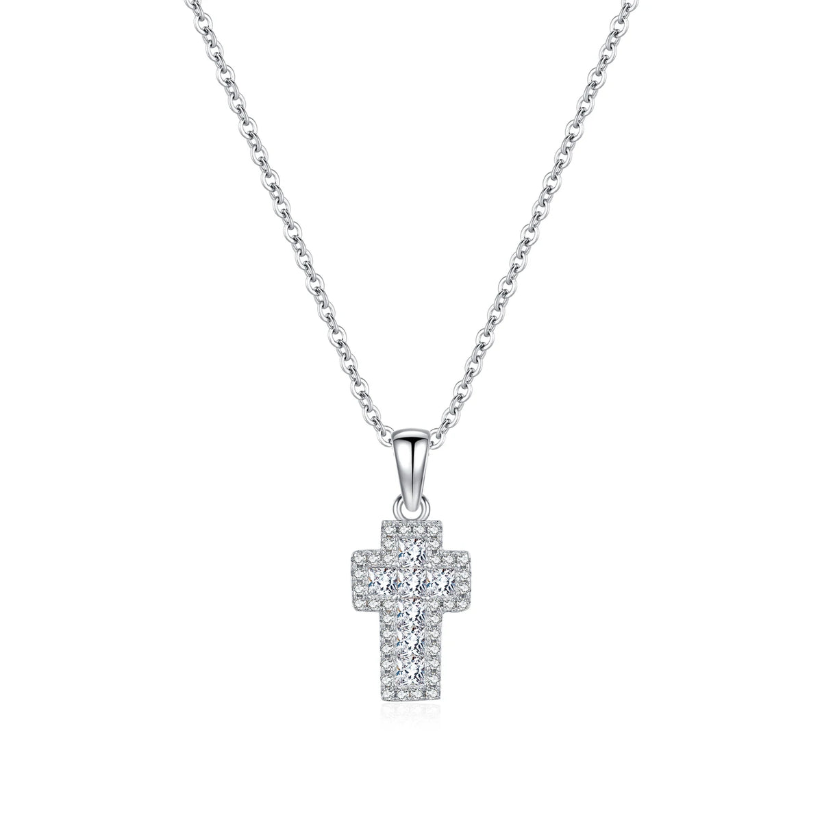 925 sterling silver CZ cross necklace on a white background with a polished tapered bail