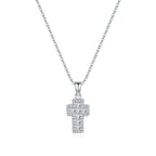 925 sterling silver CZ cross necklace on a white background with a polished tapered bail