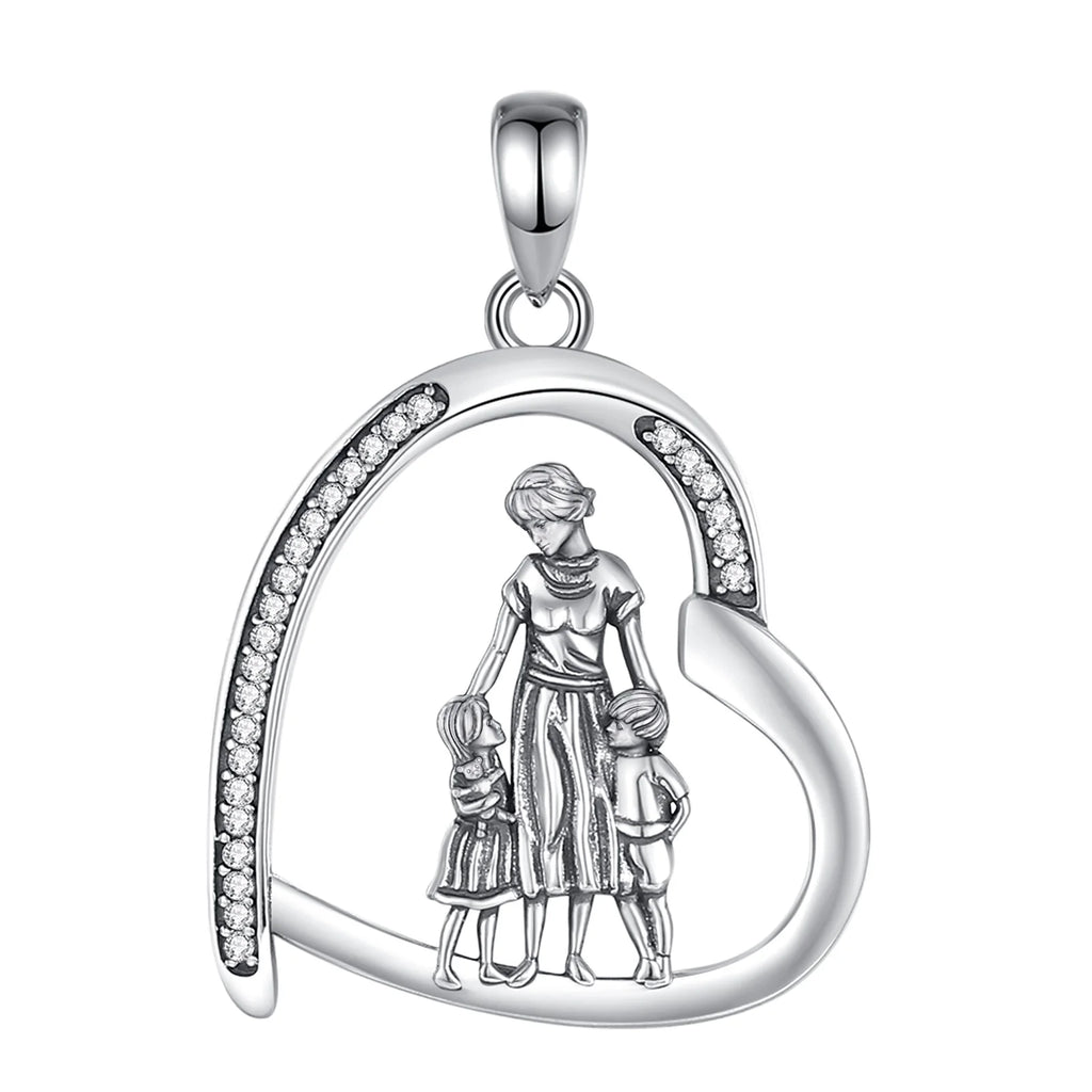 925 sterling silver open heart pendant with a mother holding hands with two children and CZ accents