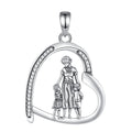 925 sterling silver open heart pendant with a mother holding hands with two children and CZ accents