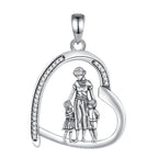 925 sterling silver open heart pendant with a mother holding hands with two children and CZ accents