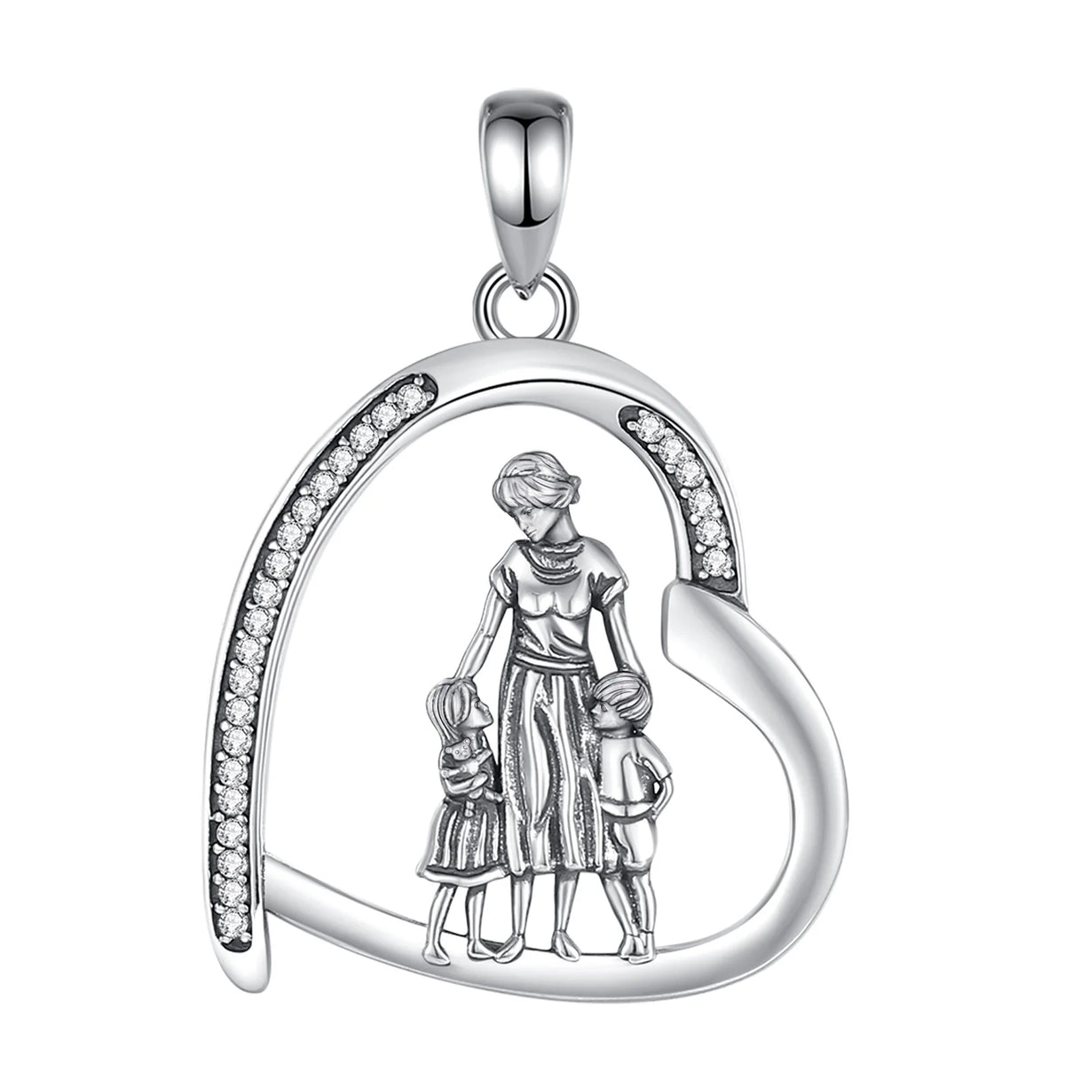 925 sterling silver open heart pendant with a mother holding hands with two children and CZ accents