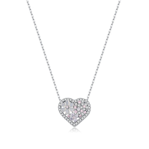 Sterling silver flower heart necklace on a white background with clear and pale pink cubic zirconia stones