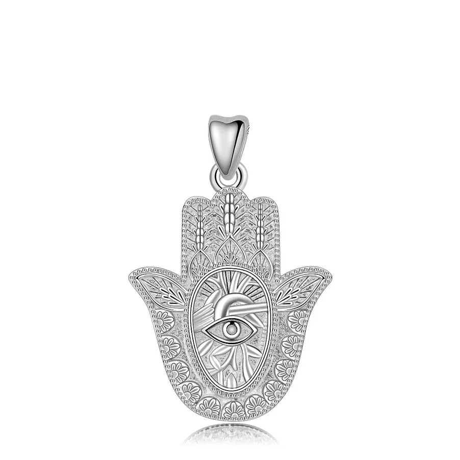 Pendant-only textured 925 sterling silver hamsa hand with a raised eye and sunburst center