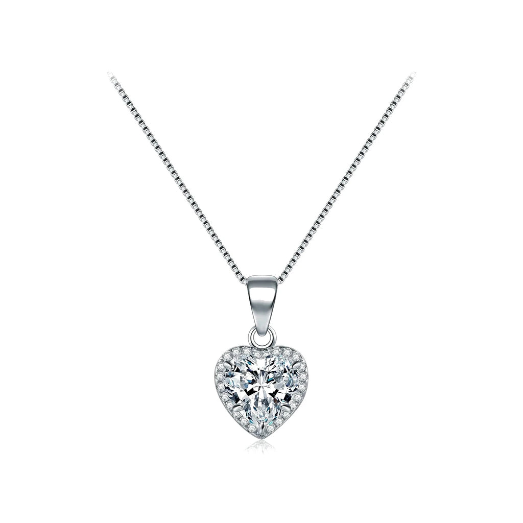 Dainty heart necklace in 925 sterling silver with a clear CZ halo on a white background
