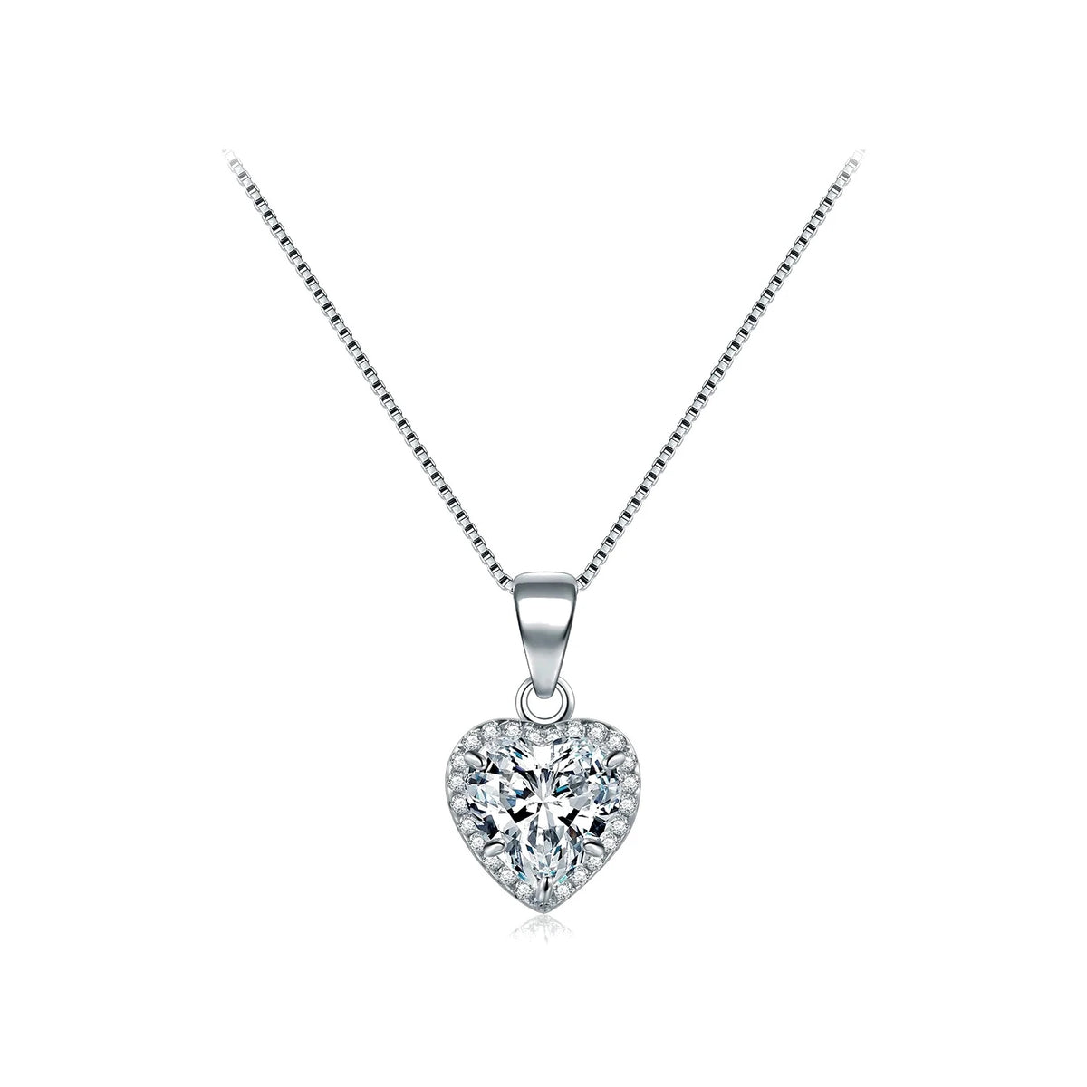 Dainty heart necklace in 925 sterling silver with a clear CZ halo on a white background