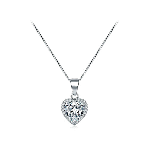 Dainty heart necklace in 925 sterling silver with a clear CZ halo on a white background