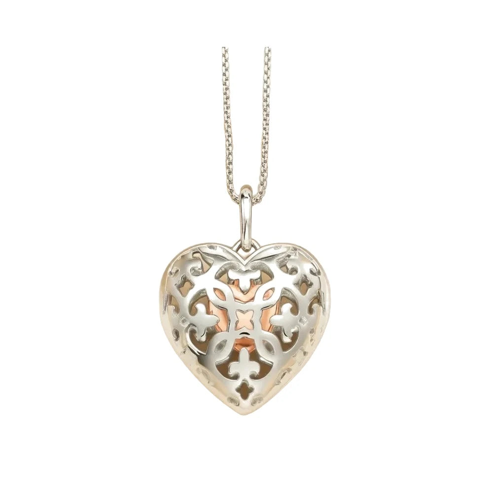 Heart locket necklace in 925 sterling silver with openwork scrolls and rose-gold-colored interior on a white background