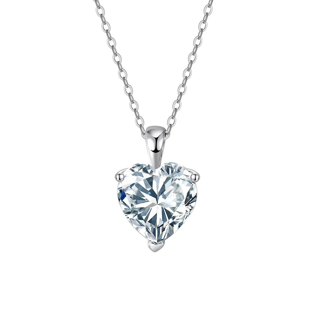 Heart cut moissanite necklace in 925 sterling silver with polished bail on a white background