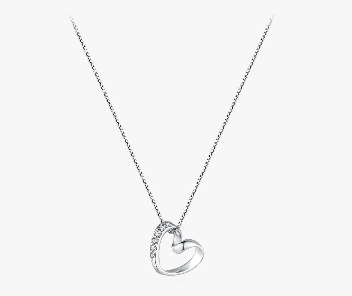 Sterling silver open heart necklace with CZ stones and a box-link chain