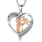 Front view of a 925 sterling silver heart necklace with rose-gold-colored mother and baby motif