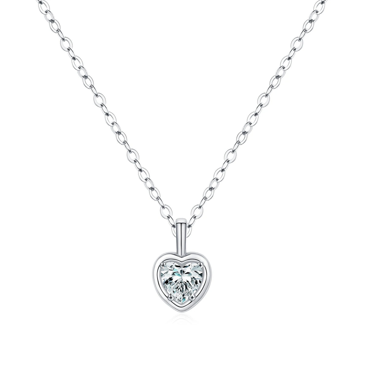 Sterling silver framed heart necklace with a clear cubic zirconia center on white