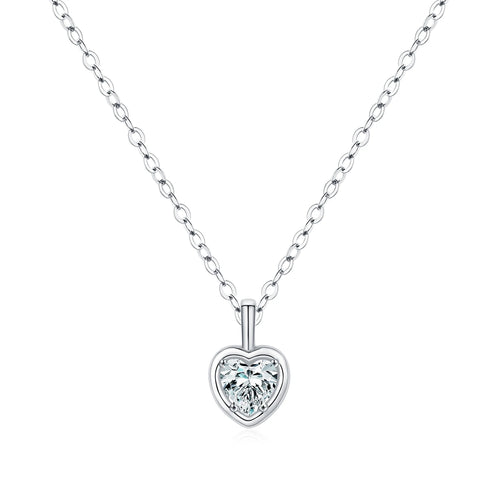 Sterling silver framed heart necklace with a clear cubic zirconia center on white