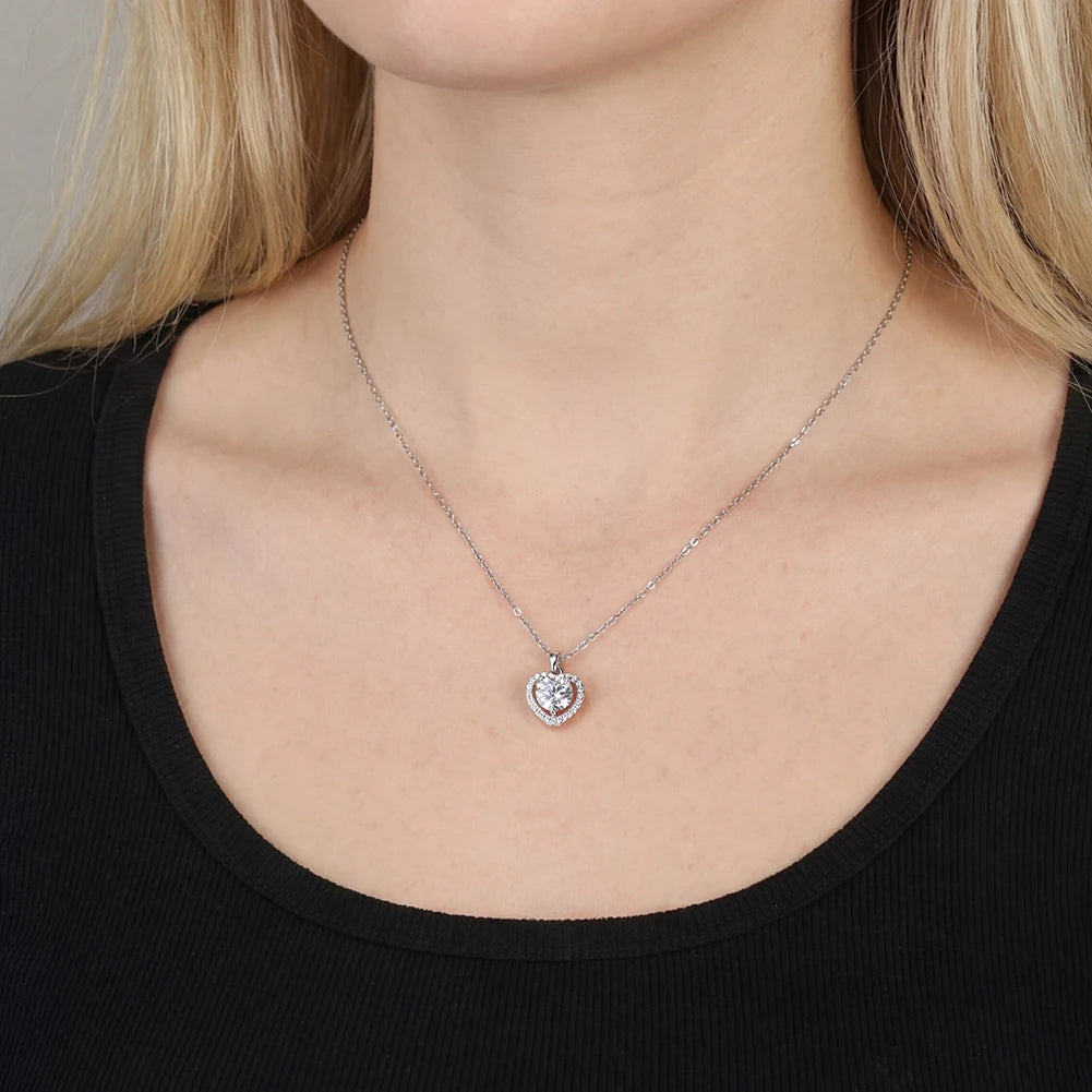 925 sterling silver heart halo necklace worn just below the base of the throat