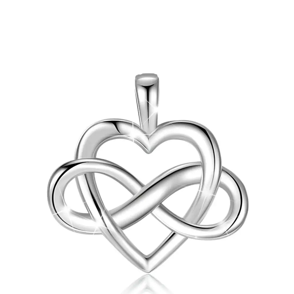 Polished 925 sterling silver infinity knot heart pendant shown alone against a white background
