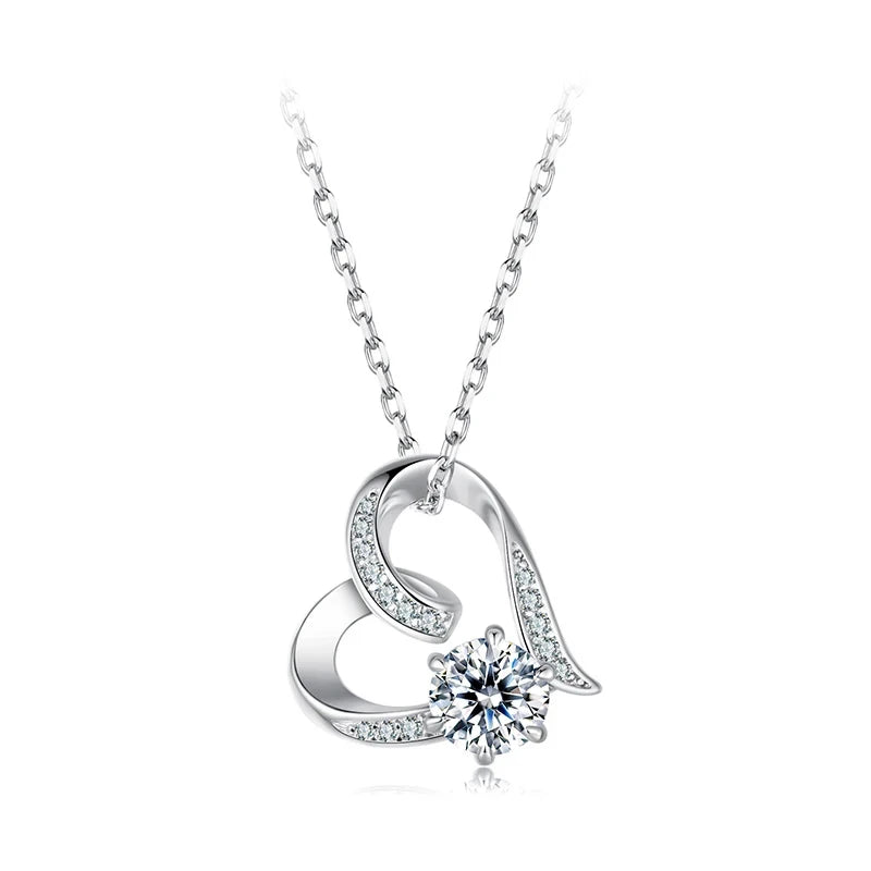 Open heart necklace in 925 sterling silver with a round moissanite and stone-set swirl on white