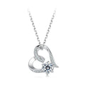 Open heart necklace in 925 sterling silver with a round moissanite and stone-set swirl on white