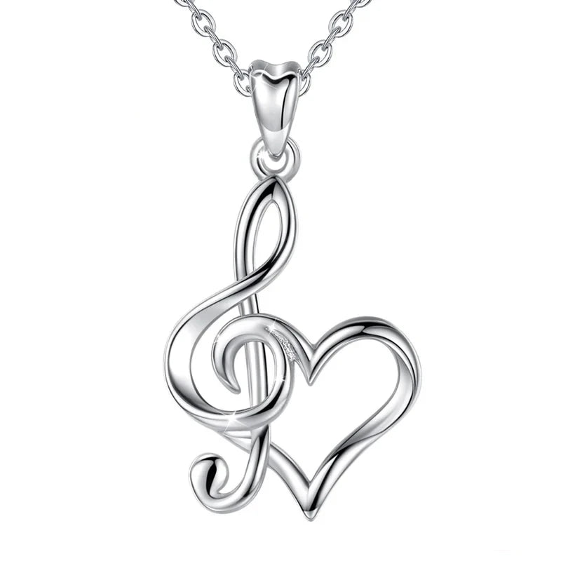 Music note heart necklace in 925 sterling silver with a polished treble clef and open heart