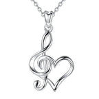 Music note heart necklace in 925 sterling silver with a polished treble clef and open heart