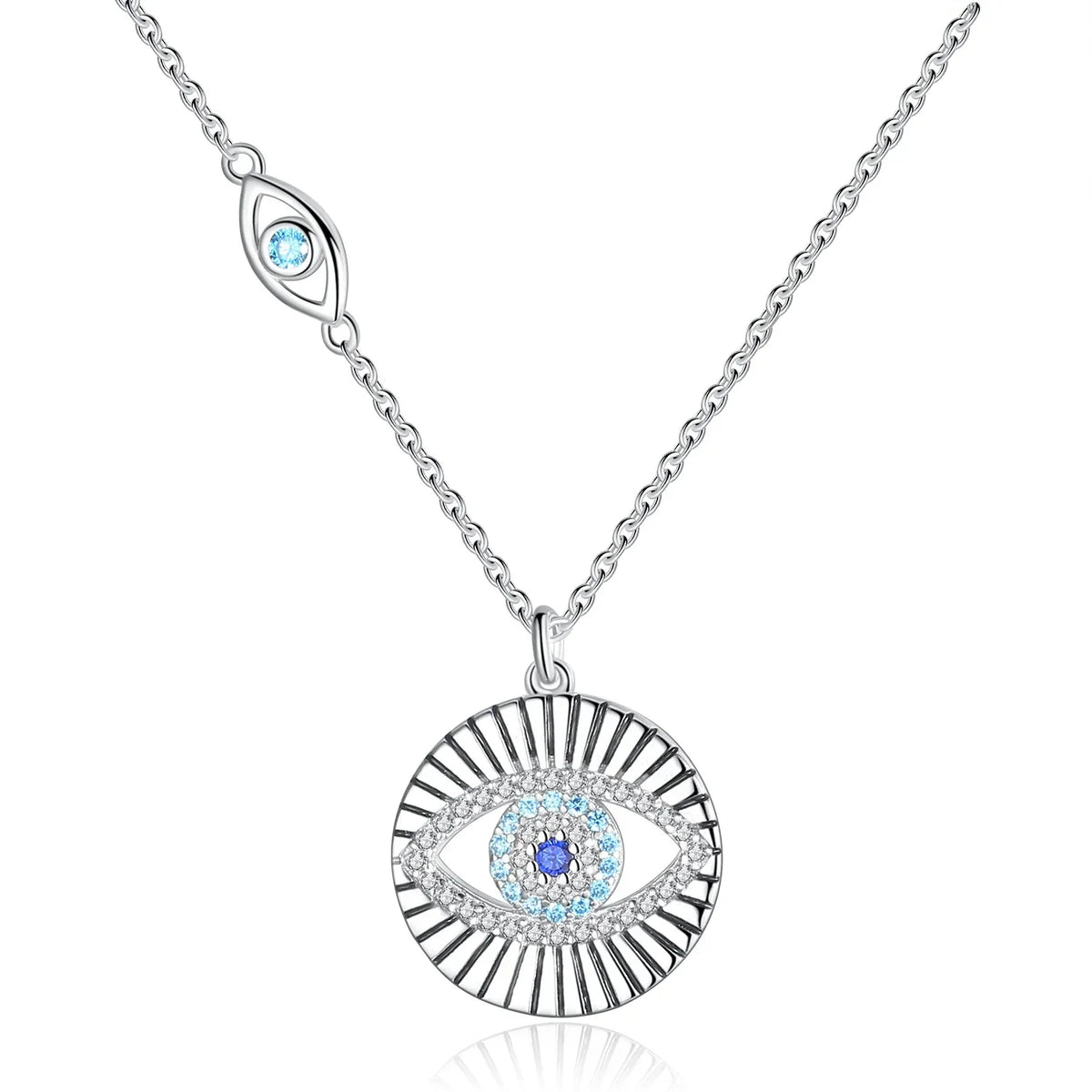 Sunburst evil eye necklace in 925 sterling silver with blue CZ stones on a white background