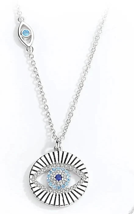 Sunburst evil eye necklace with blue stones and a small eye-shaped chain station