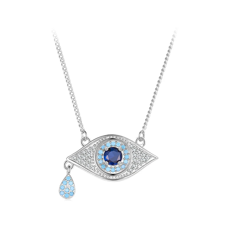 Teardrop evil eye necklace in 925 sterling silver with blue CZ stones and a dangling light-blue drop on white