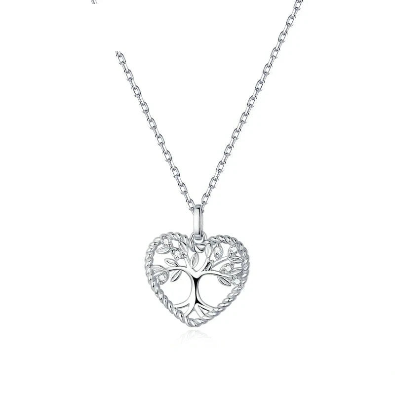 Tree of life heart necklace in platinum-plated 925 sterling silver with CZ-set branches and rope border