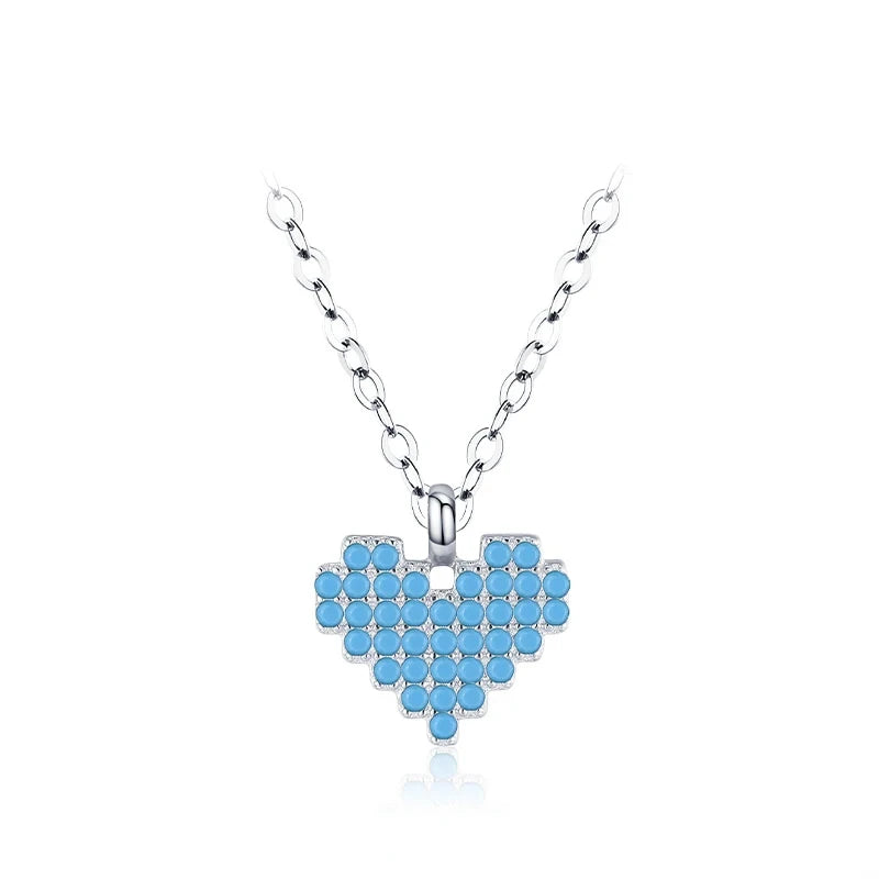 Turquoise-colored heart necklace in 925 sterling silver with rows of light-blue stones